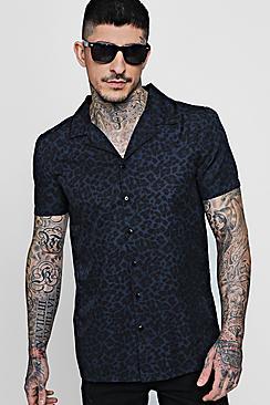 Boohoo Navy Leopard Print Short Sleeve Revere Shirt