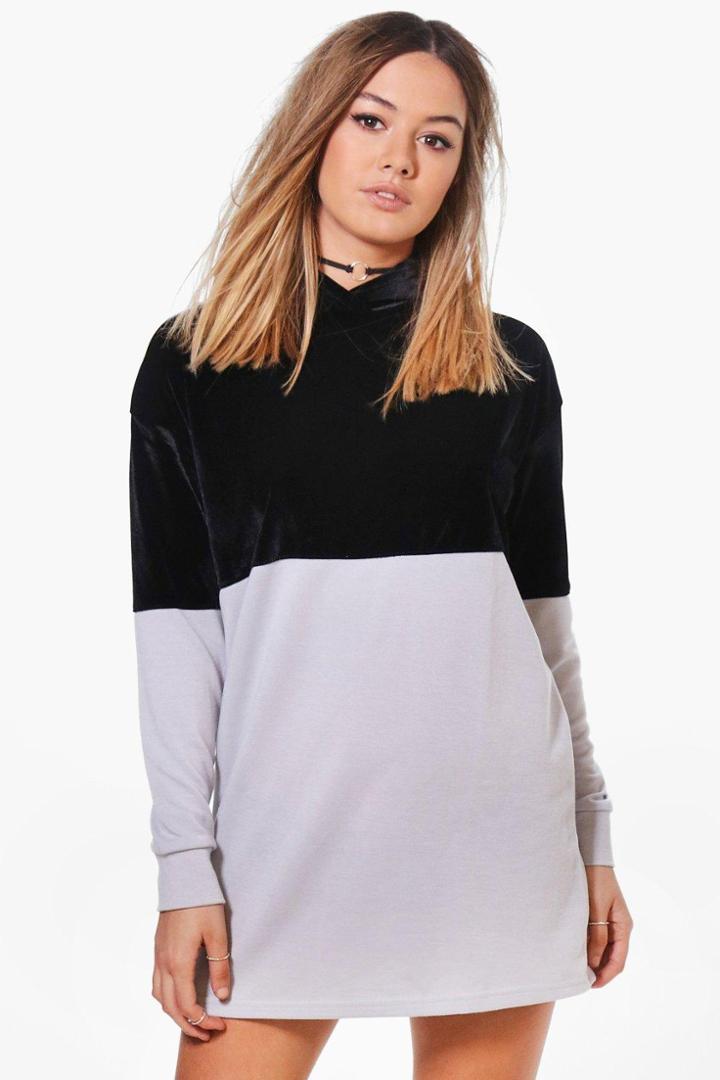 Boohoo Petite Heidi Velvet Colour Block Sweat Dress Grey
