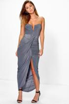 Boohoo Dory Slinky Wrap Drape Bandeau Maxi Dress Smoke