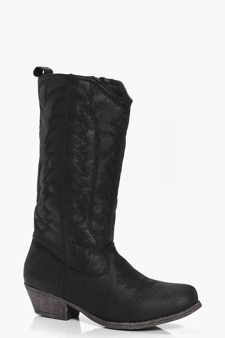 Boohoo Freya Stitch Detail Cowboy Boot Black