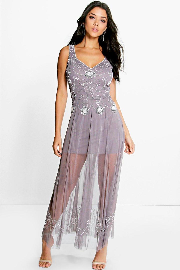 Boohoo Mia Boutique Beaded Barely There Maxi Dress Grey