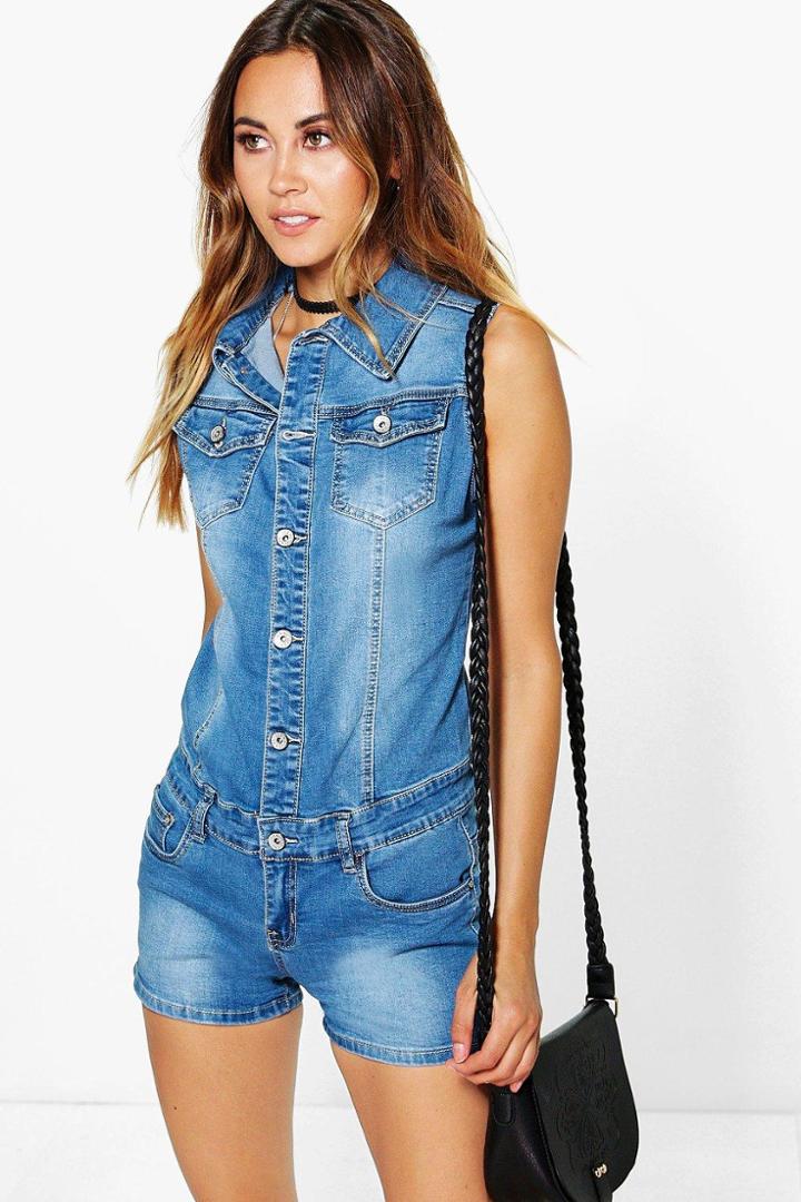 Boohoo Amanda Denim Utility Playsuit Blue
