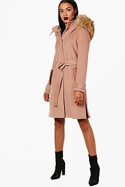 Boohoo Quinn Faux Fur Trim Hood Belted Coat