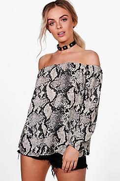 Boohoo Sarah Snake Print Off The Shoulder Woven Top
