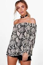 Boohoo Sarah Snake Print Off The Shoulder Woven Top