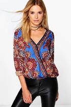 Boohoo Louise Silky Paisley Wrap Front Oversized Shirt