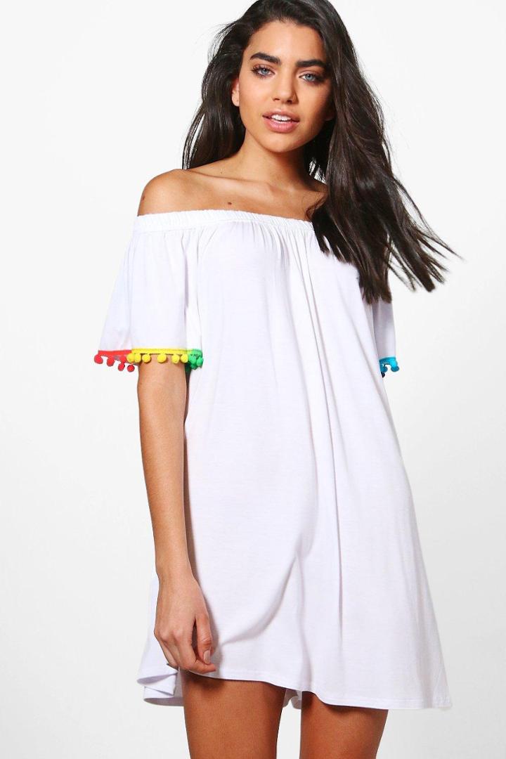 Boohoo Eva Pom Pom Bardot Beach Dress White
