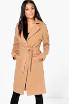 Boohoo Matilda Belted Wool Look Robe Duster Camel