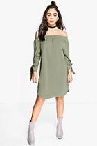 Boohoo Milly Off Shoulder Curved Hem Tie Shirt Dress