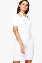 Boohoo Daisy Cut Out Shoulder Rib Knit Jumper Dress White