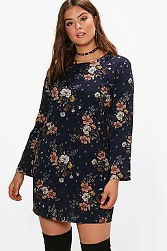 Boohoo Plus Bella Printed Long Sleeve Shift Dress