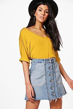 Boohoo Eve Contrast Pocket Button Through Denim Skirt
