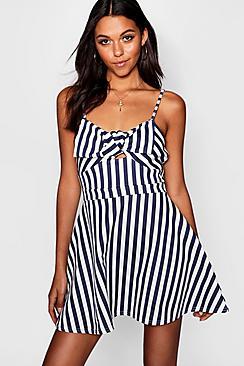 Boohoo Zena Stripe Bow Front Bandeau Skater Dress