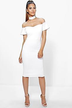 Boohoo Tasmin Choker Off Shoulder Midi Dress