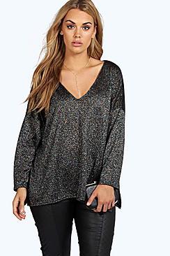 Boohoo Plus Summer V Neck Split Side Glitter Jumper