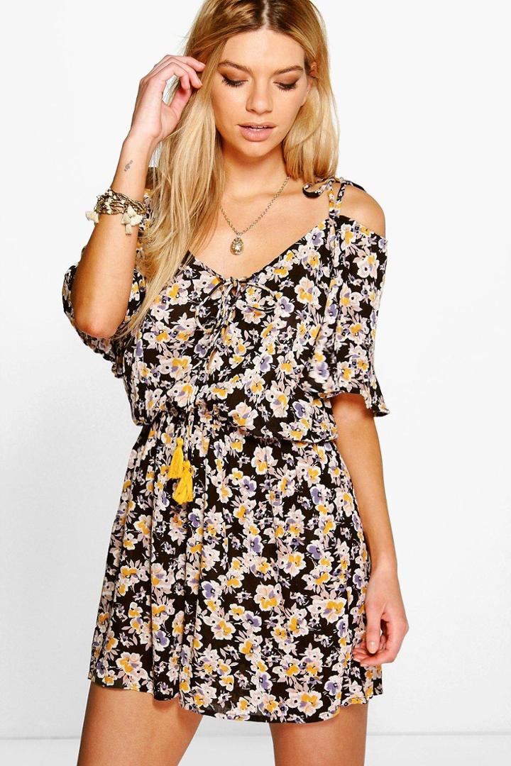Boohoo Julia Floral Print Off The Shoulder Playsuit Multi