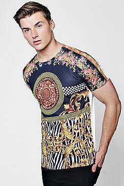 Boohoo Baroque And Checkerboard Panel Print T-shirt
