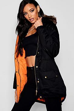 Boohoo Faux Fur Trim Parka With Fur Trim