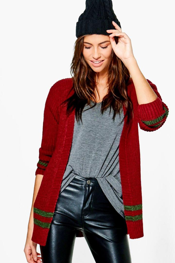 Boohoo Jessica Stripe Hem Edge To Edge Cardigan Merlot