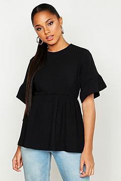 Boohoo Ribbed Frill Sleeve Smock Top