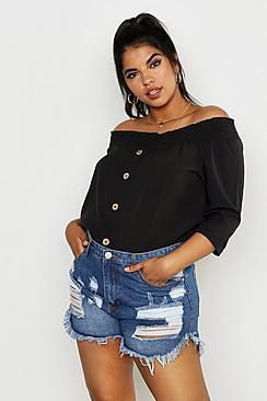Boohoo Plus Woven Button Through Off Shoulder Top