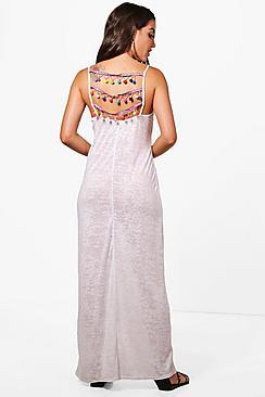 Boohoo Tegan Pom Pom Detail Jersey Maxi Beach Dress