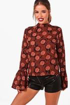 Boohoo Petite Beth High Neck Tapestry Flare Cuff Blouse