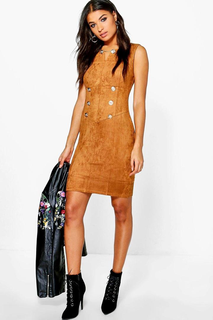 Boohoo Boutique Ivy Suedette Button Bodycon Dress Tan