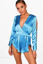 Boohoo Satin Split Sleeve Playsuits