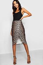 Boohoo Tall Wrap Over Split Leopard Midi Skirt