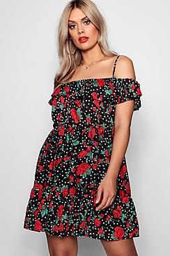Boohoo Plus Kasey Off The Shoulder Ruffle Polka Dot Dress