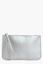 Boohoo Macie Zip Top Handstrap Metallic Clutch Bag Silver