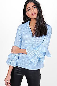 Boohoo Ella Gingham Ruffle Sleeve Shirt
