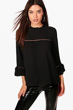 Boohoo Ruffle Sleeve Crochet Trim Blouse