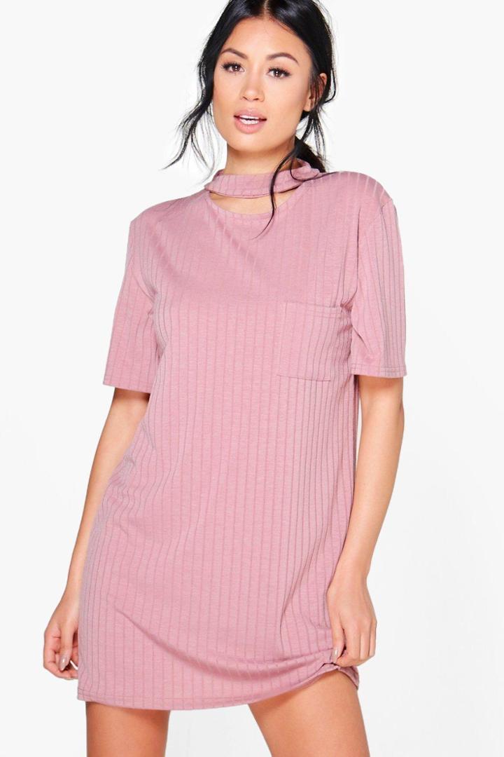 Boohoo Sarah Choker Rib Knit T-shirt Dress Rose