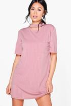 Boohoo Sarah Choker Rib Knit T-shirt Dress Rose