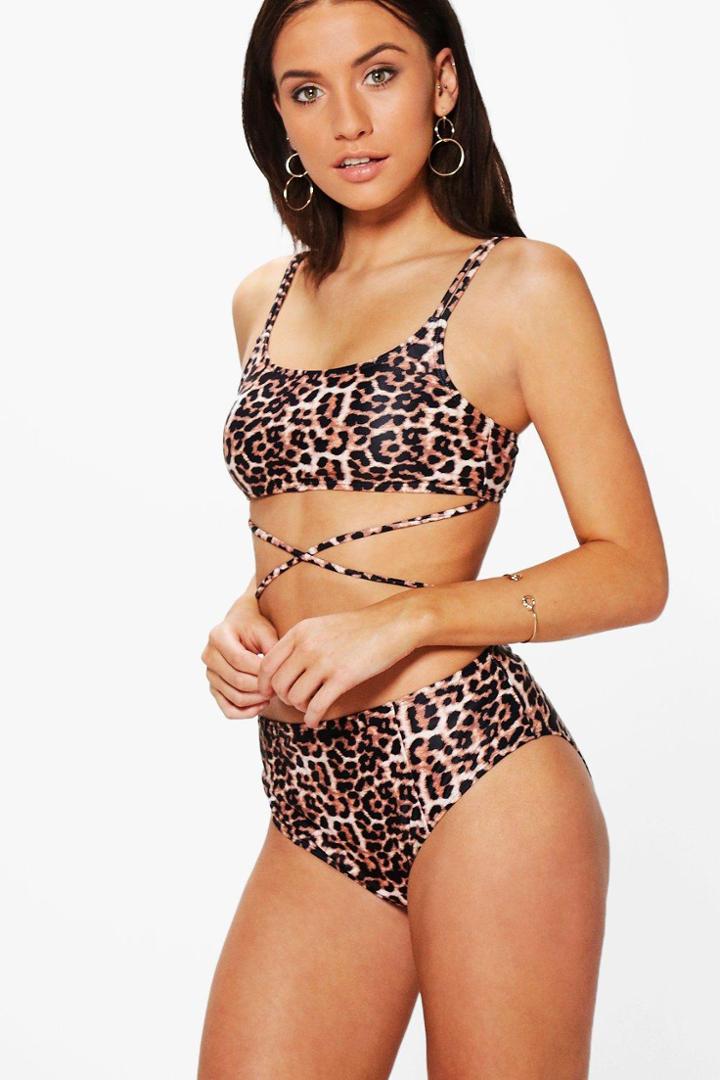 Boohoo Bali Leopard Criss Cross High Waist Bikini Brown