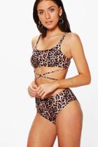 Boohoo Bali Leopard Criss Cross High Waist Bikini Brown