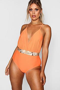 Boohoo Plus Plunge Contrast Belt Swimsuit