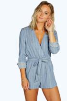 Boohoo Holly Textured Check Draped Playsuit Blue