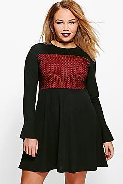 Boohoo Plus Lydia Mesh Detail Skater Dress