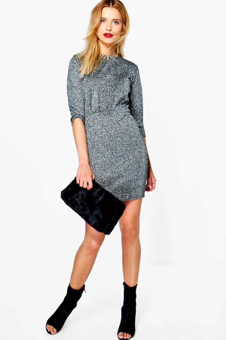 Boohoo Lani Metallic 3/4 Sleeve Bodycon Dress Silver