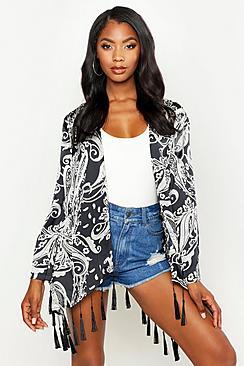 Boohoo Paisley Tassel Hem Belted Kimono