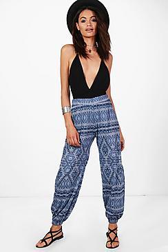 Boohoo Eden Tonal Blue Aztec Casual Joggers
