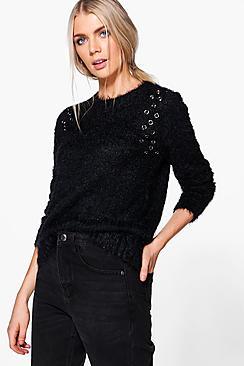 Boohoo Amelia Fluffy Eyelet Detail Knit Jumper