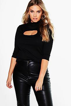 Boohoo Plus Maisie Cut Out 3/4 Sleeve Rib Top