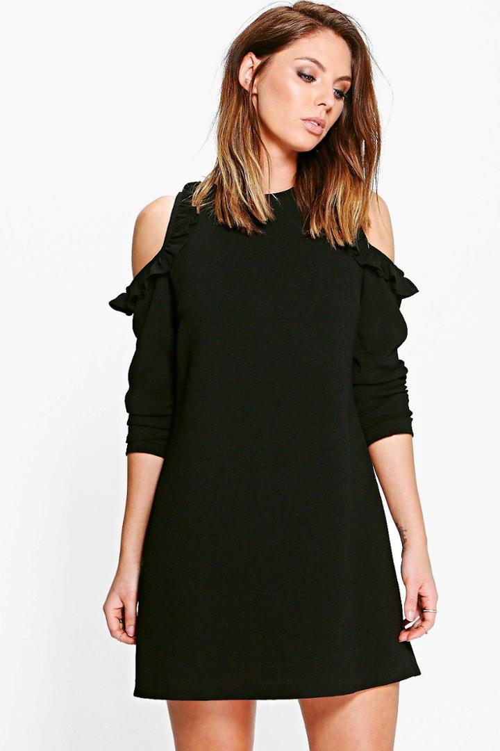 Boohoo Tyra Ruffle Cold Shoulder Skater Dress Black