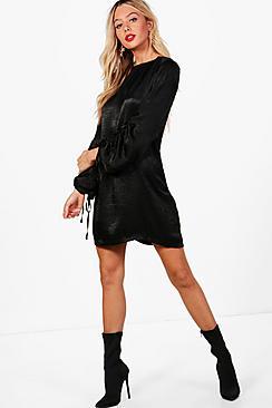 Boohoo Em Hammered Satin Blouson Sleeve Shift Dress