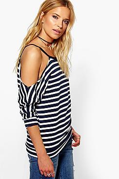 Boohoo Charlotte Stripe Cold Shoulder Sweatshirt