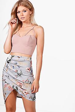 Boohoo Petite Emma Rose Print Ruched Slinky Mini Skirt